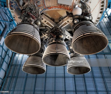 close up on the rocket engine and exhaust pipes of Saturn 5 rocket